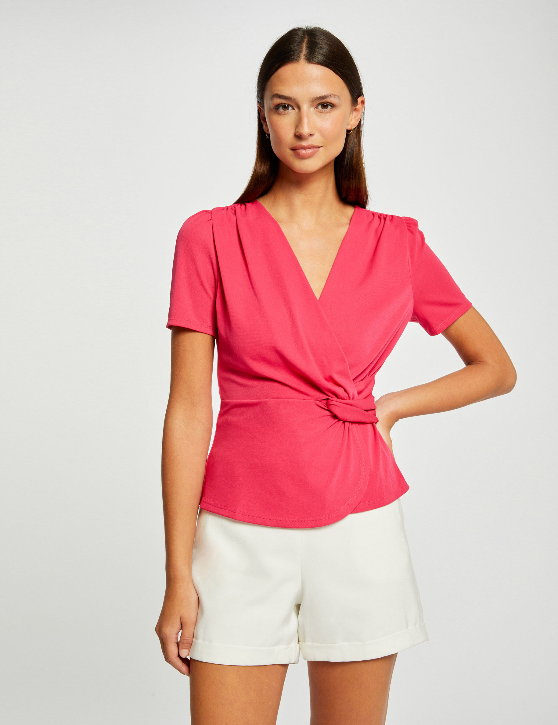 T-shirt manches courtes col cache-coeur framboise femme - framboise