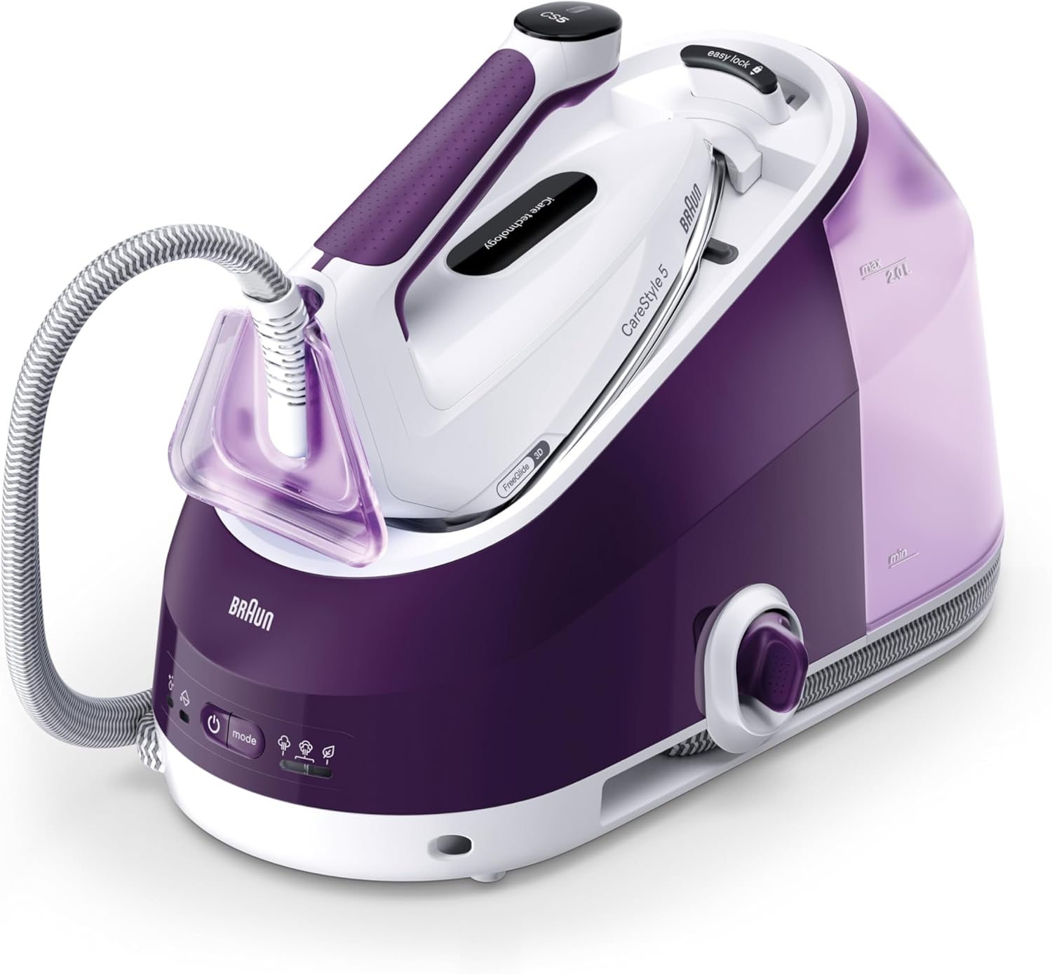 Braun CareStyle 5 IS5247VI Dampfbügeleisen mit FreeGlide-Technologie 3D, 145 g/min Dampf, schnelles Aufheizen, iCare-Modus, vertikales Bügeln, abnehmbarer 2-L-Tank, 2400 W, Violett