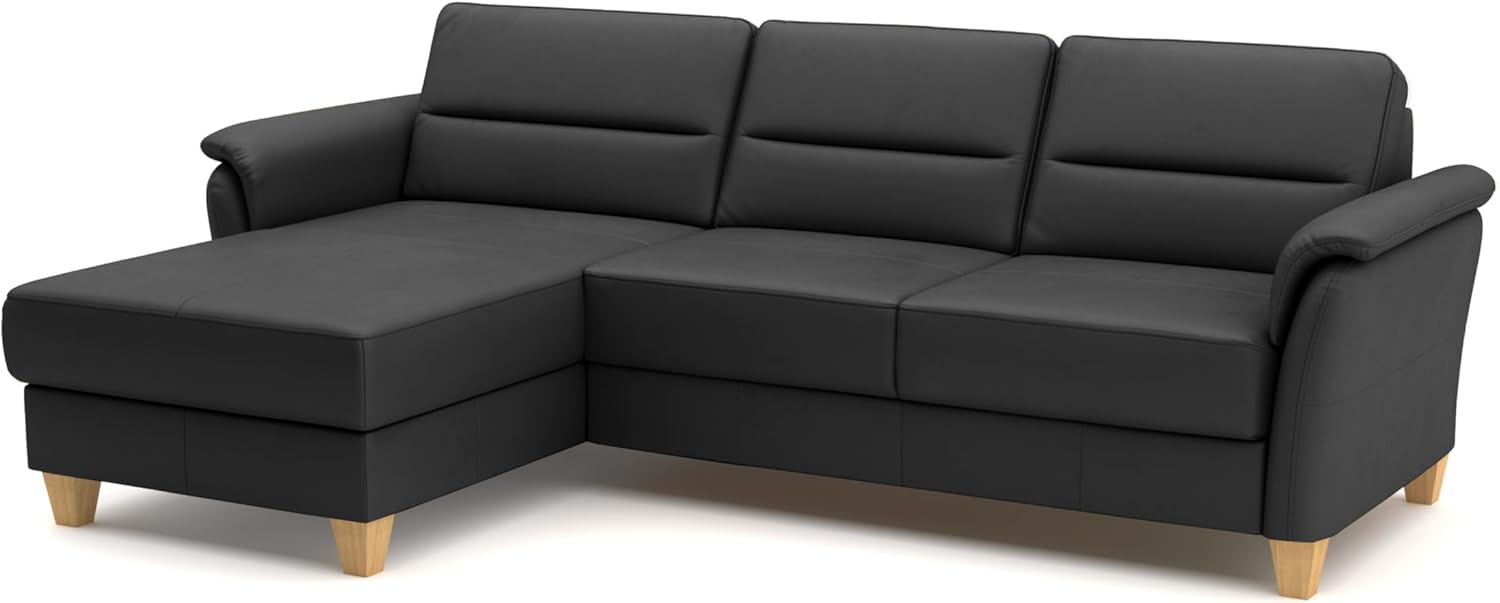 CAVADORE Leder-Eckcouch Palera mit Longchair / Landhaus-Sofa mit Federkern, Bettfunktion + Bettkasten / 244 x 89 x 163 / Leder Schwarz