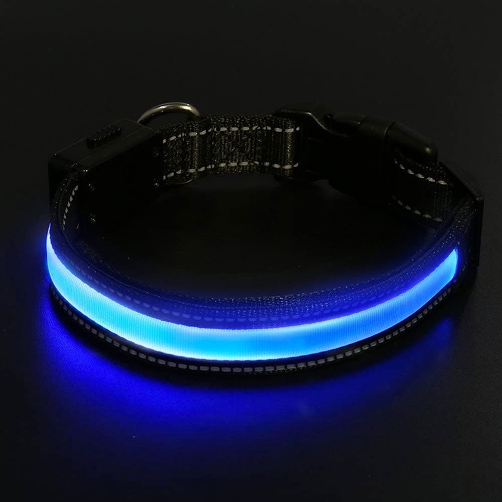 (Gr. M) Nylon Hunde Solar USB Leucht Halsband LED Beleuchtung Reflektierend (40-48cm) - Blau