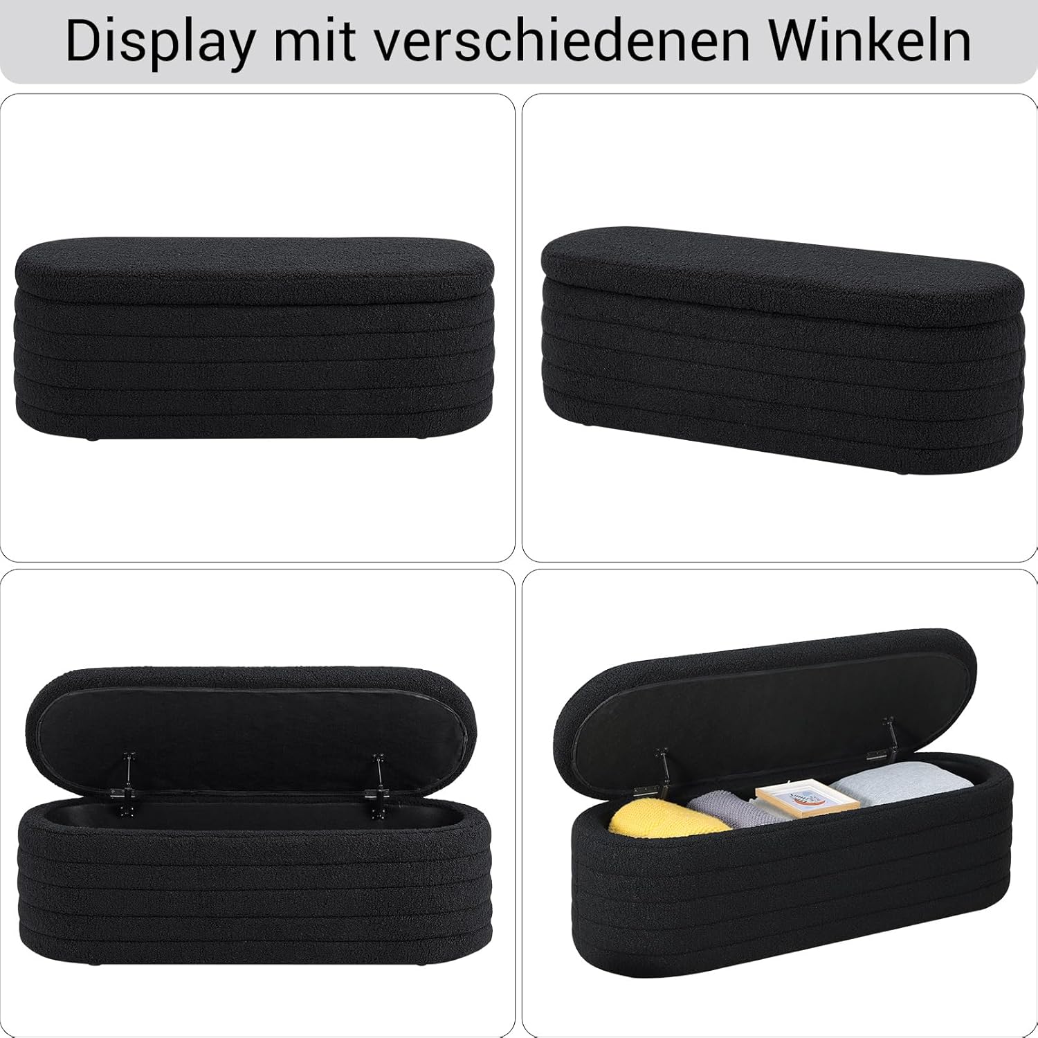 Sitzhocker mit Stauraum, Teddystoff Bank mit Stauraum，Moderner Sitzbank Schlafzimmer, Polsterbank für Wohnzimmer, Flur (Schwarz 117x41,5x40 cm)