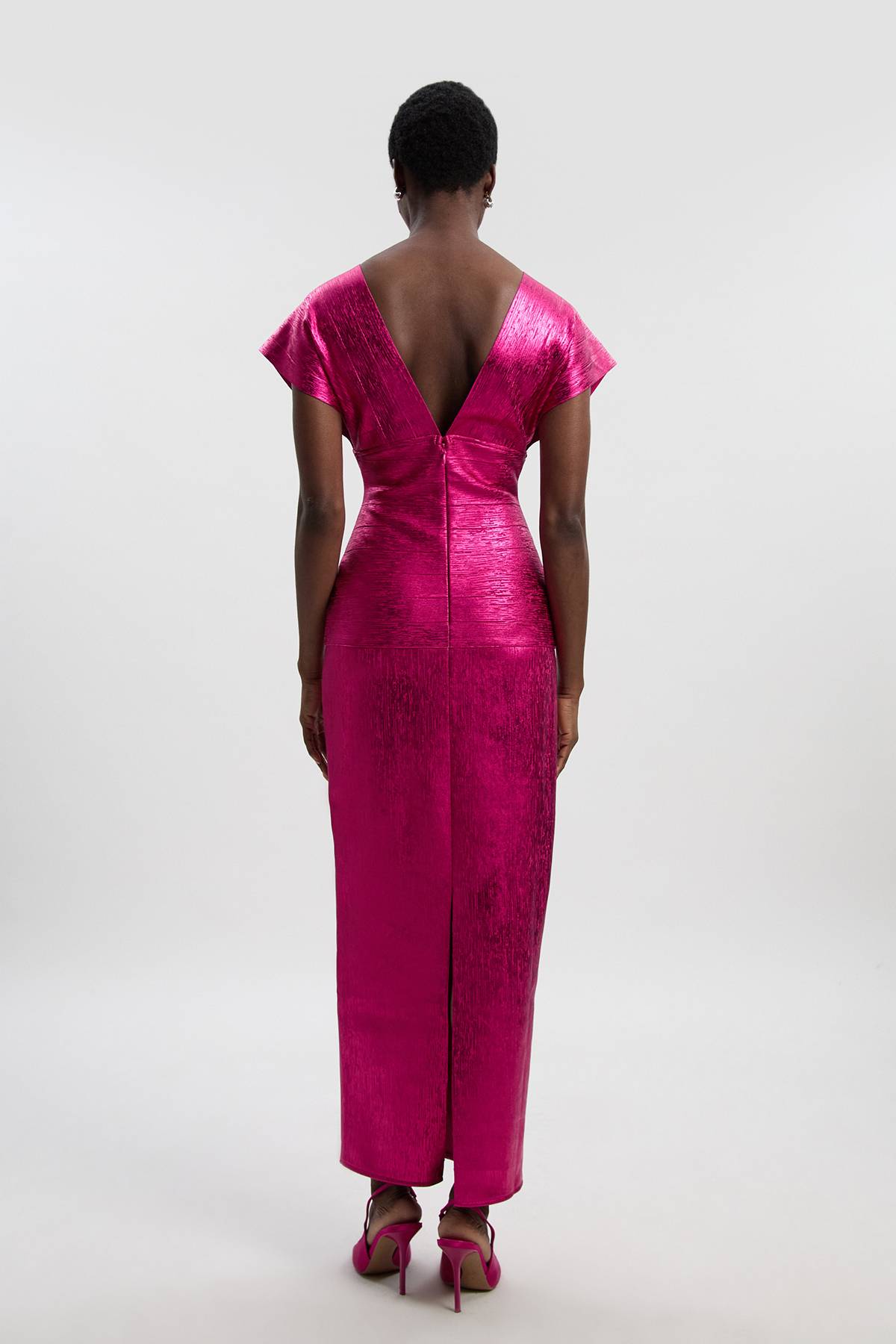 KarenMillen Robe Maxi Tricot à Manches Ange et Effet Métallique Foil Petite