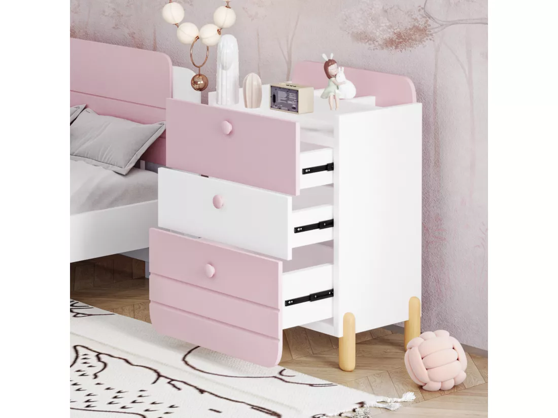 Table de chevet en bois - avec 3 tiroirs et étagères - Rose