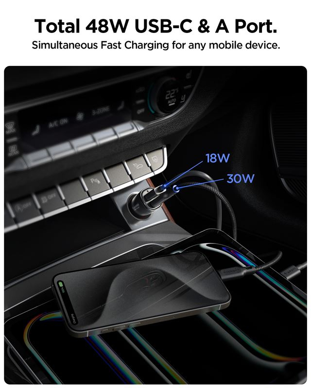 (48W) USB C / USB A Essential Auto KFZ Ladegerät Schnellladegerät für Zigarettenanzünder Power Delivery (ACP08447) - Schwarz