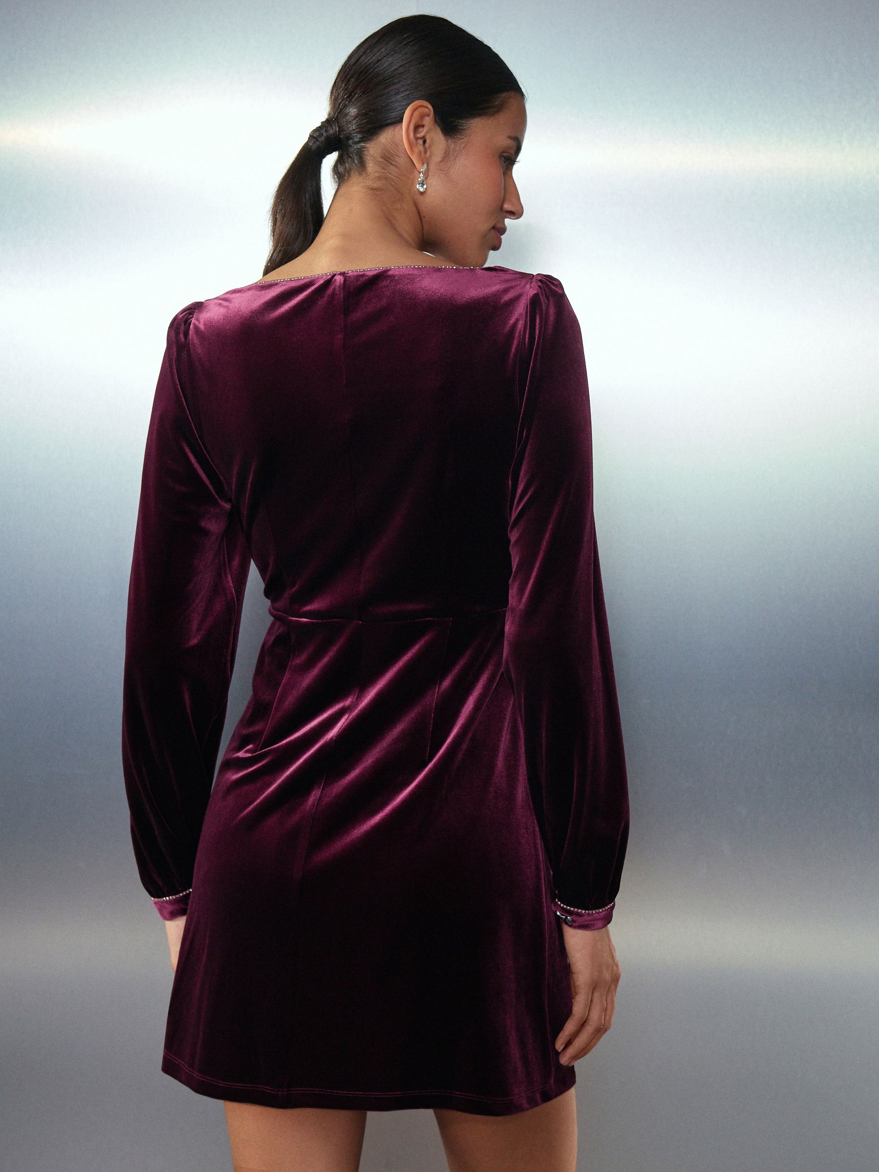 Bordeauxrood - Embellished Neckline Velvet Long Sleeve Mini Dress