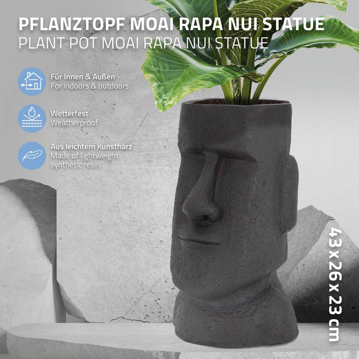 ML-Design Paaseiland Figuur Plantenbak 26x23x43 cm Antraciet, Hars Moai Hoofd Sculptuur, Binnen en Buiten Beeld, Massief, Plantenbak Bloempot Plantenbak Gezicht Plantenbak Tuindecoratie Vaas Urn voor Planten