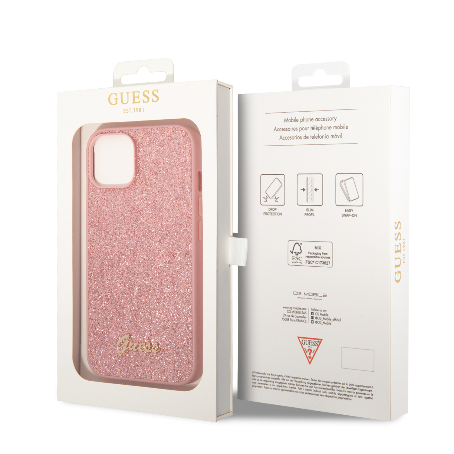 iPhone 14 Hardcase Hülle Glitter Script (GUHCP14SHGGSHP) - Rosa / Transparent