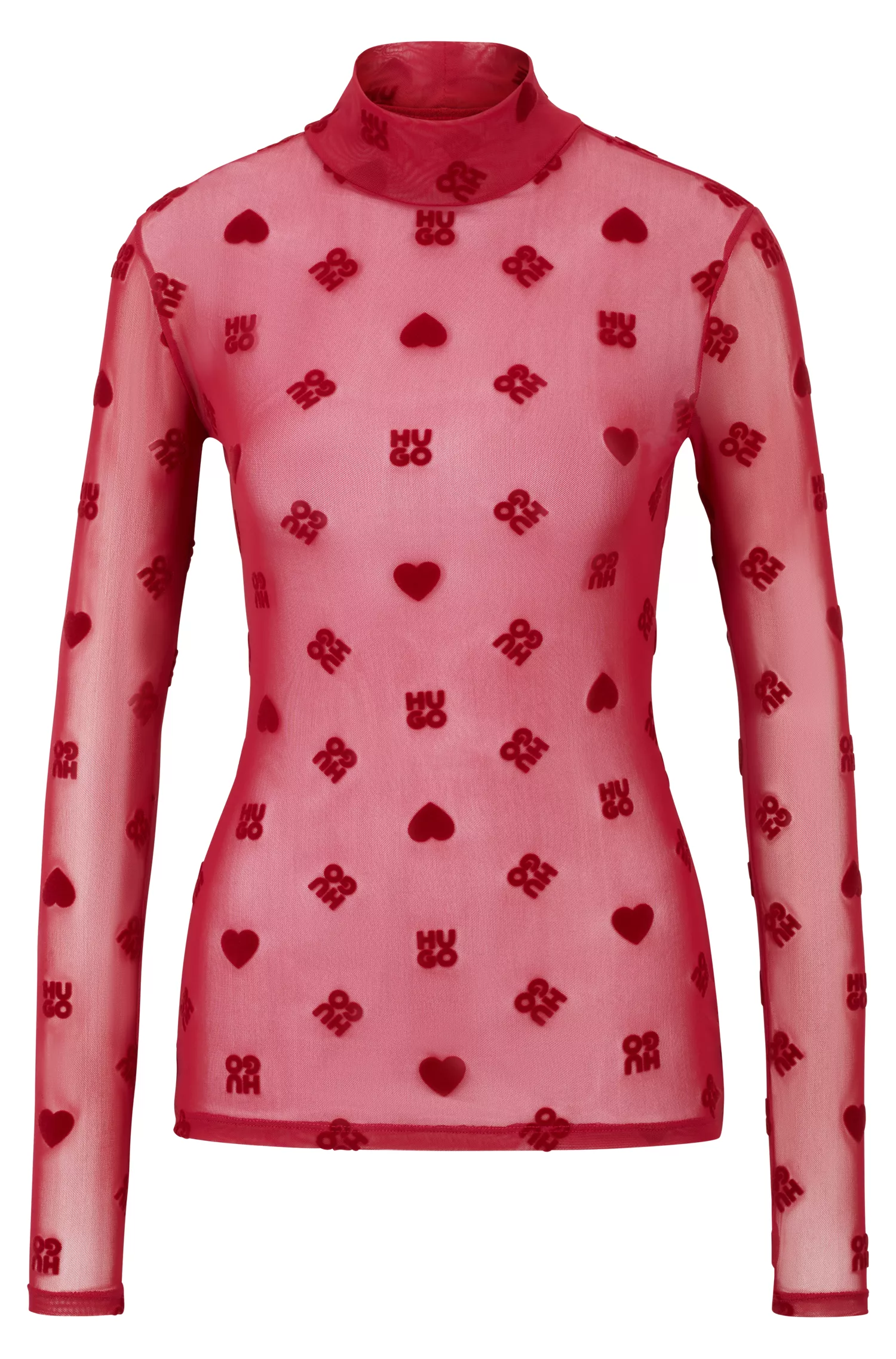 Top HUGO vermelho estampado, modelagem justa, em malha elástica.