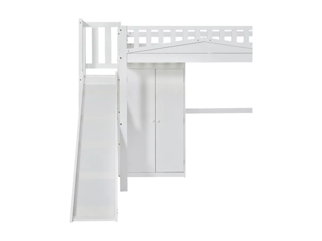 Lit mezzanine en bois 90x200 cm - avec bureau + armoire + toboggan - Blanc