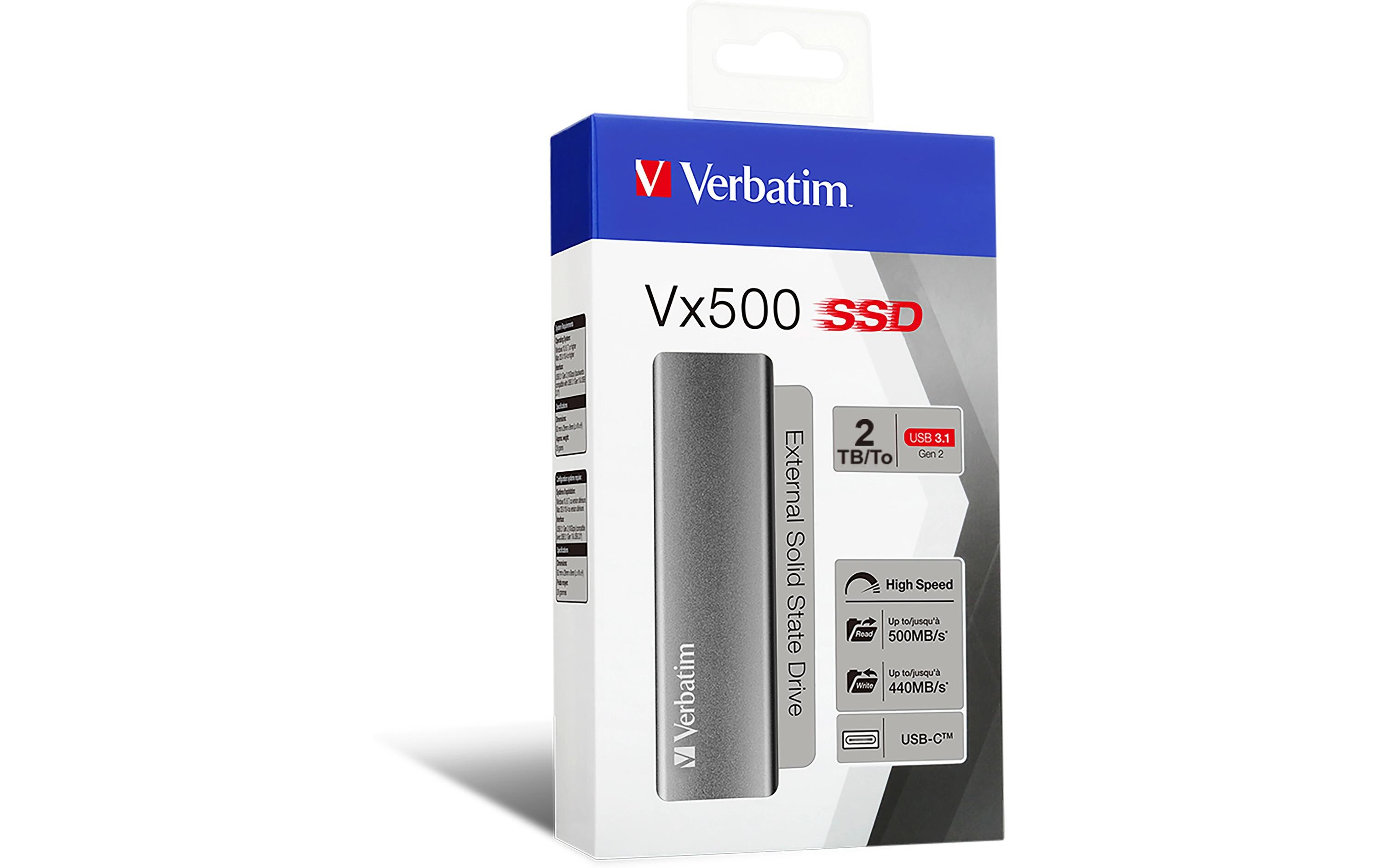 Externe SSD VX500 2000 GB<br>Tragbare SSD mit 2 TB, USB 3.2 Gen 2 und Aluminiumgehäuse in Space Grau