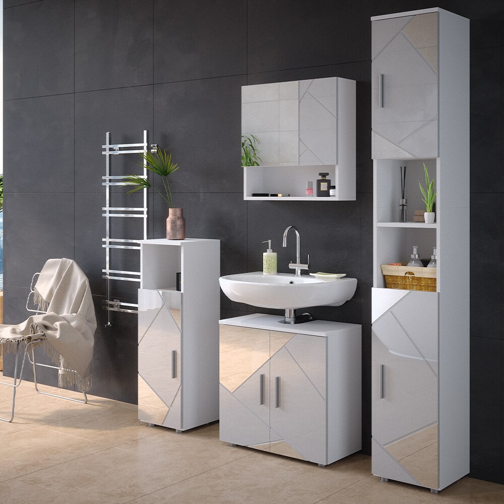Vicco Badmöbelset mit Dekospiegeln Irma Weiß Hochglanz modern Badezimmerschrank Badschrank Badezimmermöbel Waschtischunterschrank Spiegelschrank Hochschrank Midischrank Schranktür Schrankschublade