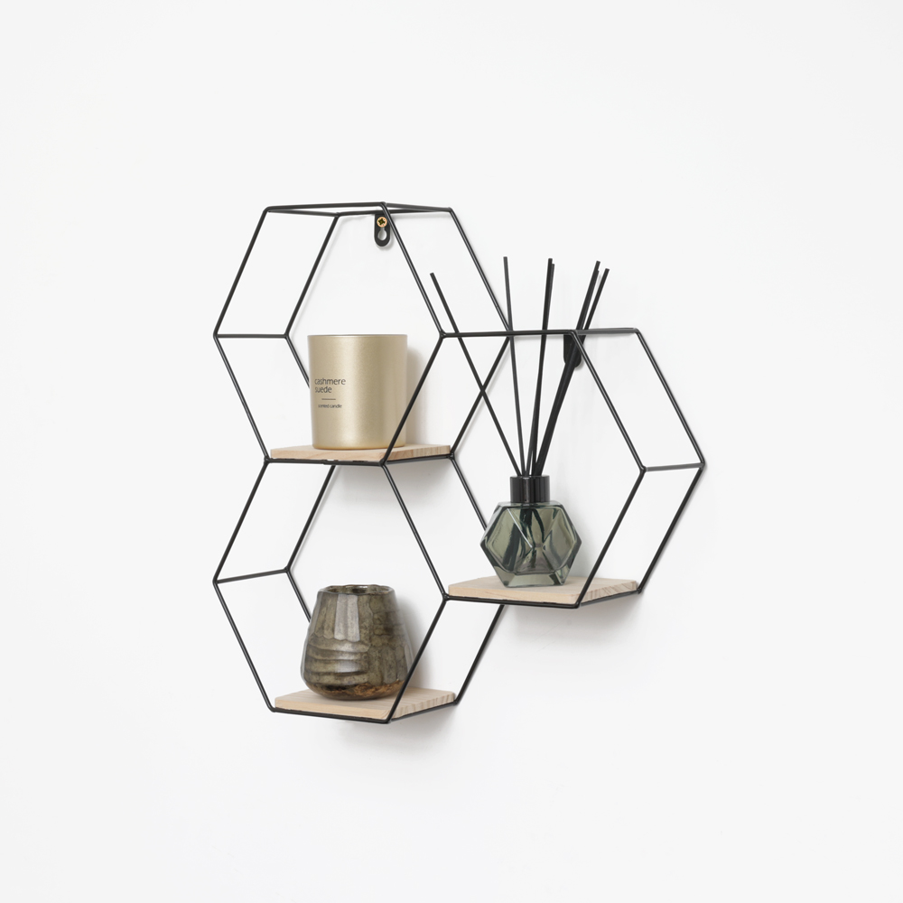 Etagère murale triple hexagonale en métal - 40,5x41 cm - noir