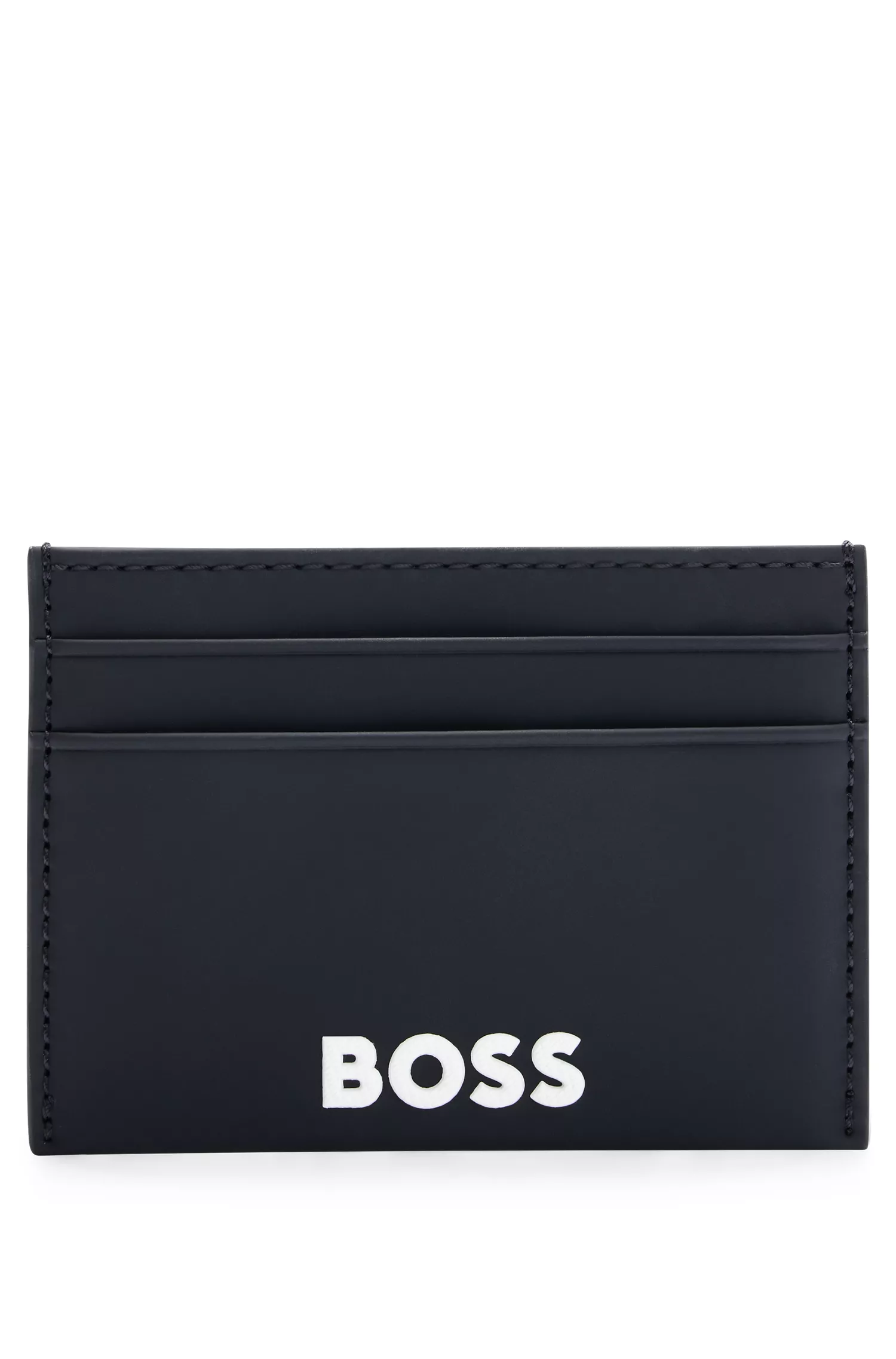 Porta-cartões BOSS em couro sintético preto com logotipo contrastante.
