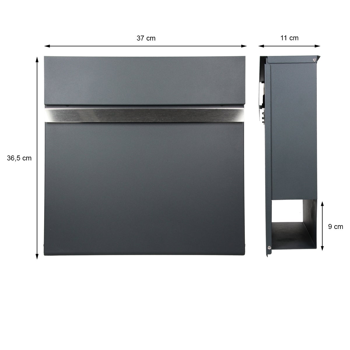 ECD Duitsland Brievenbus met krantenvak 37x11x36,5 cm van gepoedercoat staal, antracietgrijs, inclusief 2 sleutels en bevestigingsmateriaal - Moderne design wandbrievenbus met krantenvak