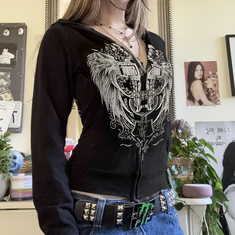 BrickBlack - Cropped hoodie met rits en vleugelprint