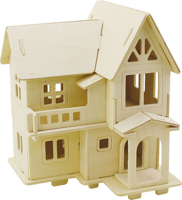 3D Træ Puslespil - Hus Med Altan - 15,8X17,5X19,5 CM