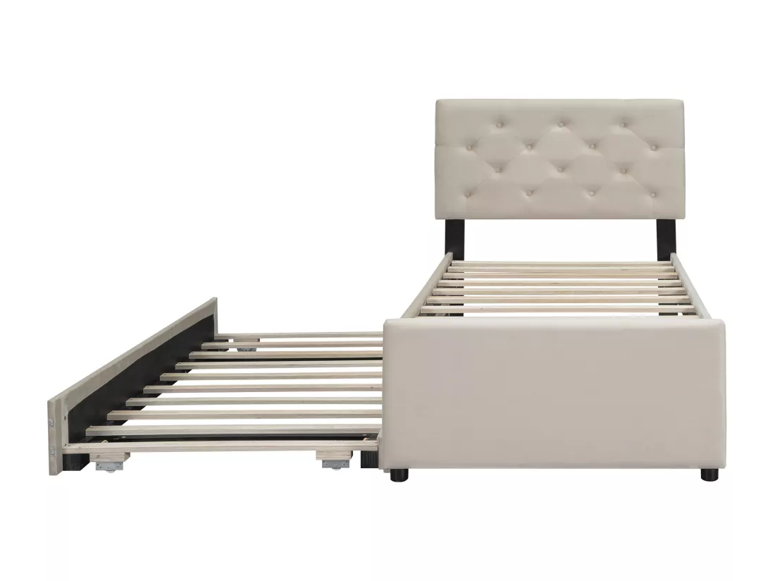 Lit simple 90x200cm en velours - avec un lit gigogne - avec sommier à lattes - Beige (matelas non inclus)