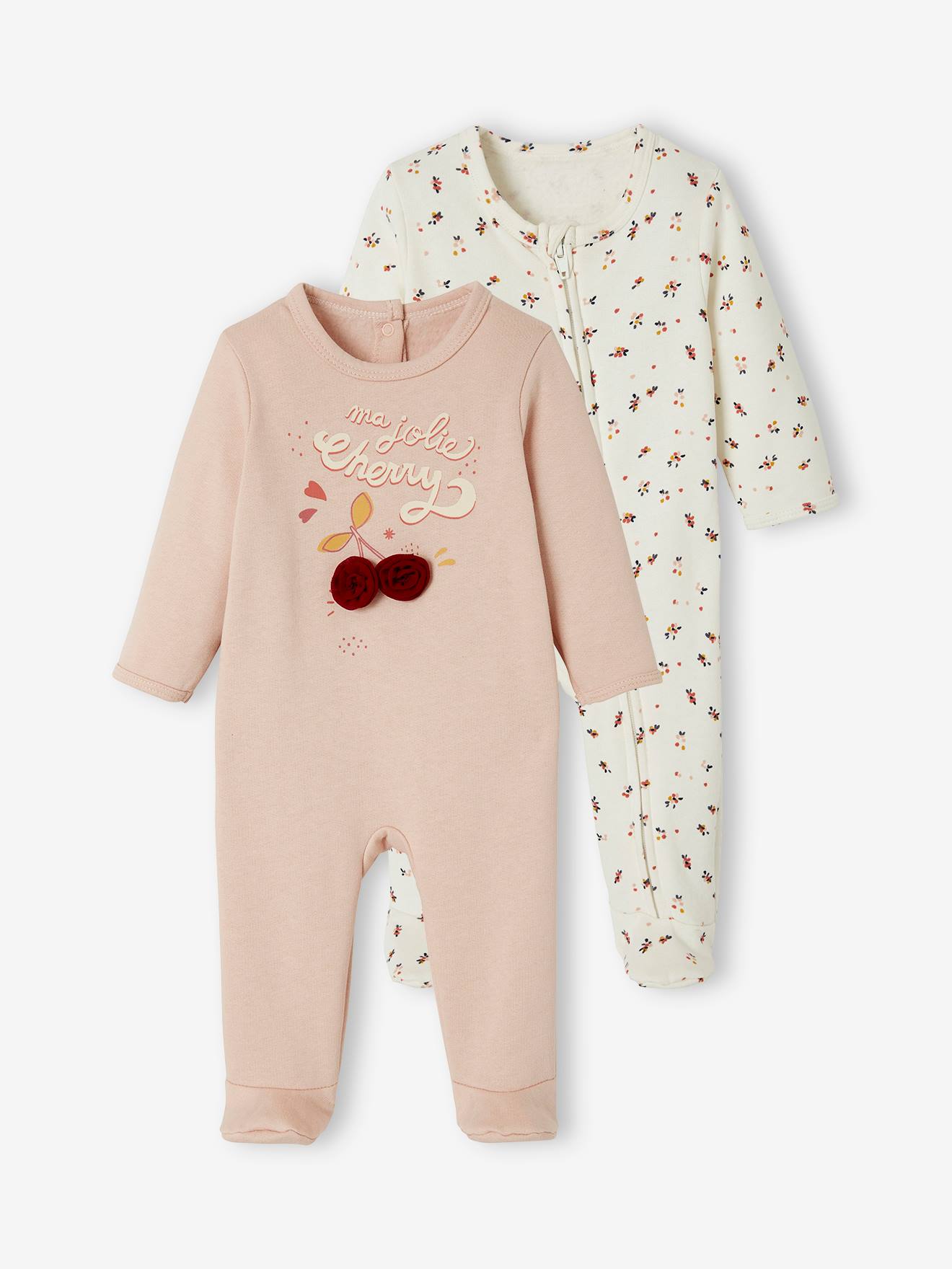 Conjunto de 2 pijamas de pelúcia para bebê em dois tons de rosa claro/multicoloridos