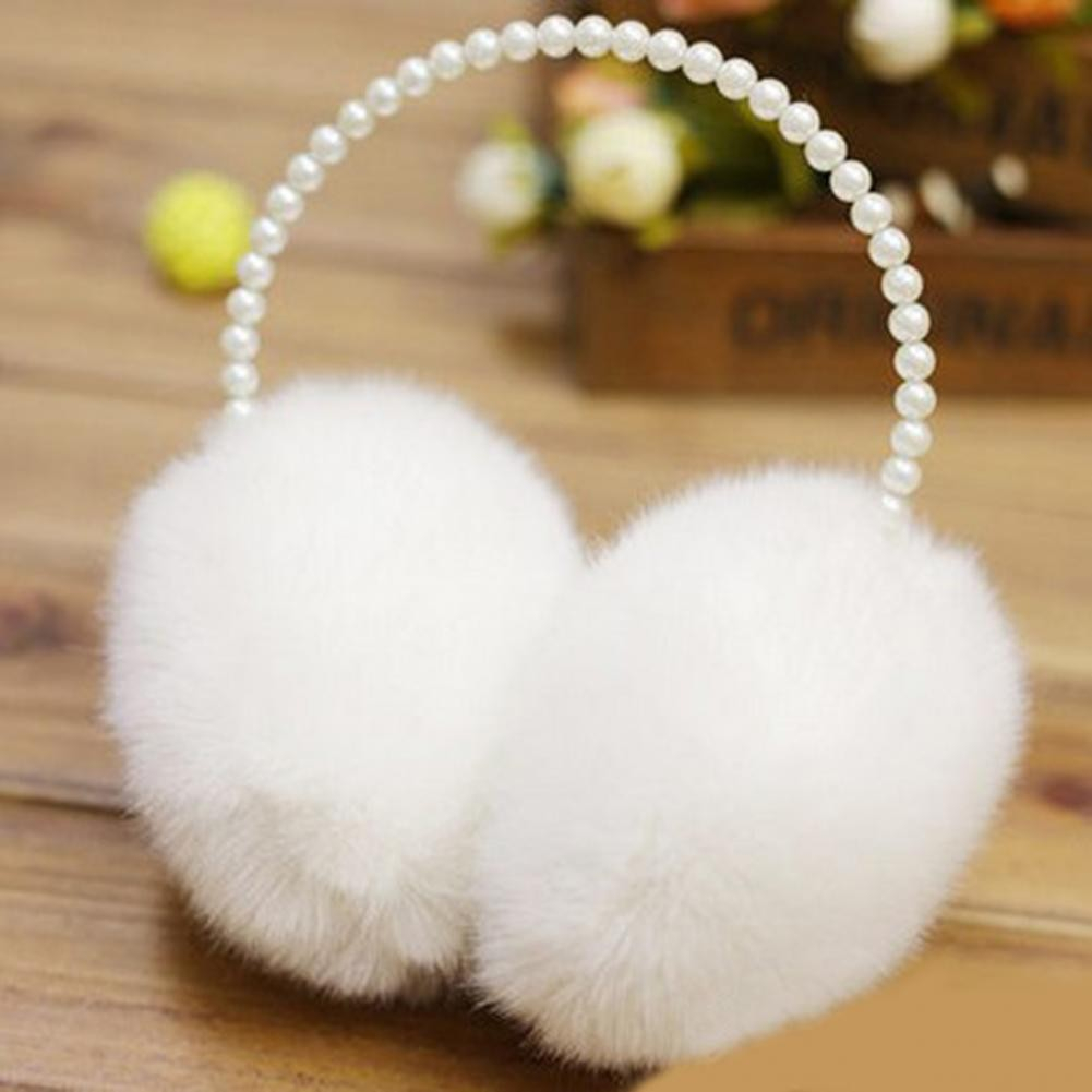 Weiche Plüsch Ohrenwärmer Winter Ohrenschützer Accessoire mit Perlen (One Size) - Weiss