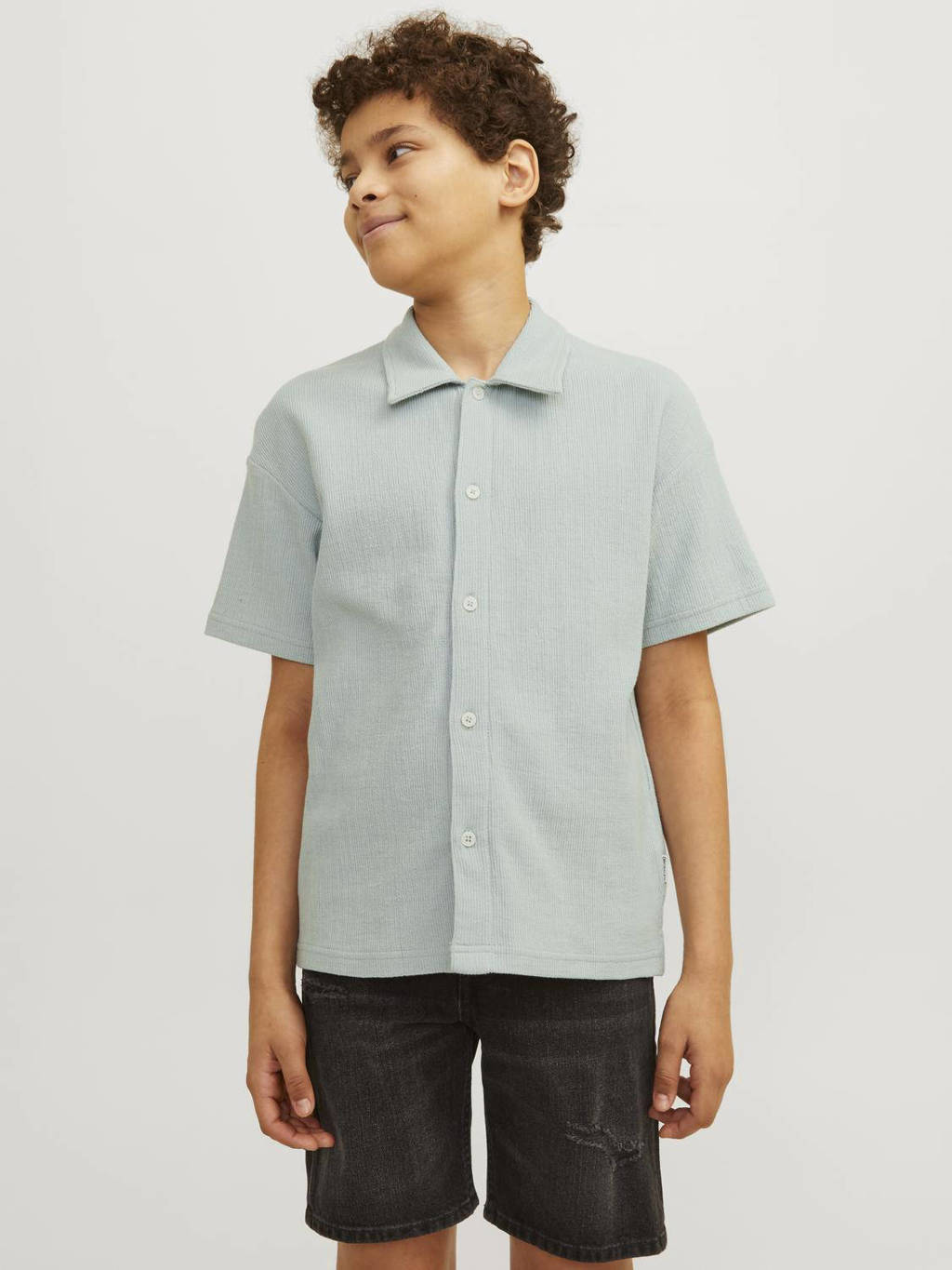 JACK & JONES overhemd JORJASPER BUTTON THROUGH SHIRT SS JNR grijsgroen