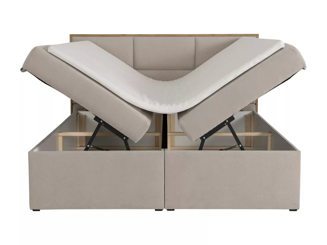 Ensemble complet literie déco tête de lit encadré bois + sommiers coffre + matelas + surmatelas - 160 x 200 cm - Tissu - Beige - SIAKI de YSMÉE