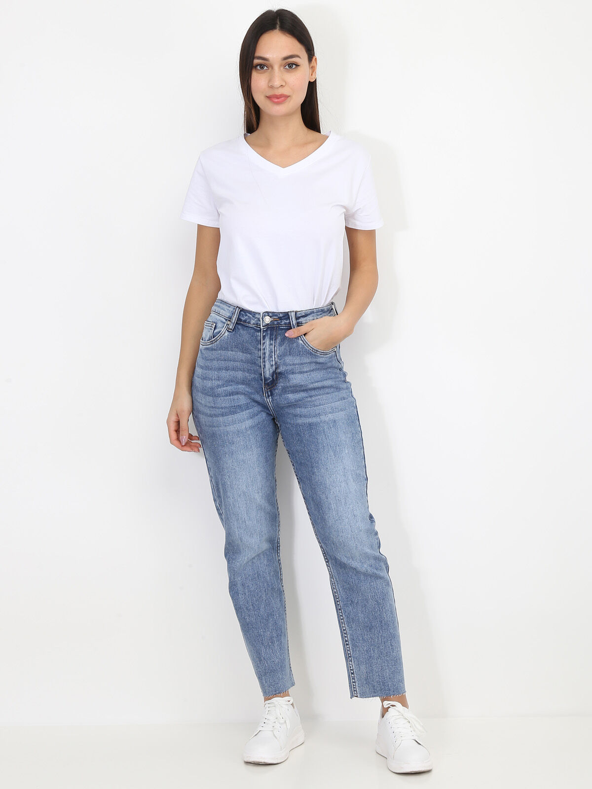 Jeans droit délavé à bords effilochés- Bleu clair