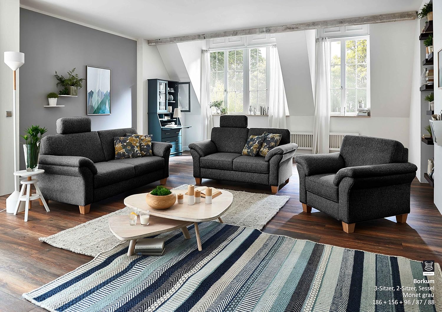 CAVADORE 2-Sitzer Byrum / Große 2er-Couch im Landhausstil mit Federkern / Passend zur edlen Sofagarnitur Byrum / 156 x 87 x 88 / Flachgewebe: Grau