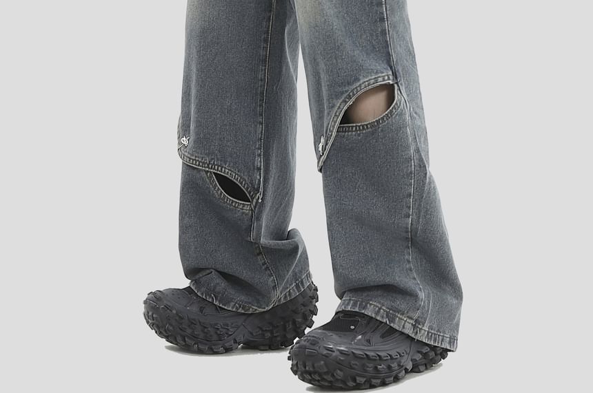 INStudio - High Waist Washed Cutout Wide Leg Jeans