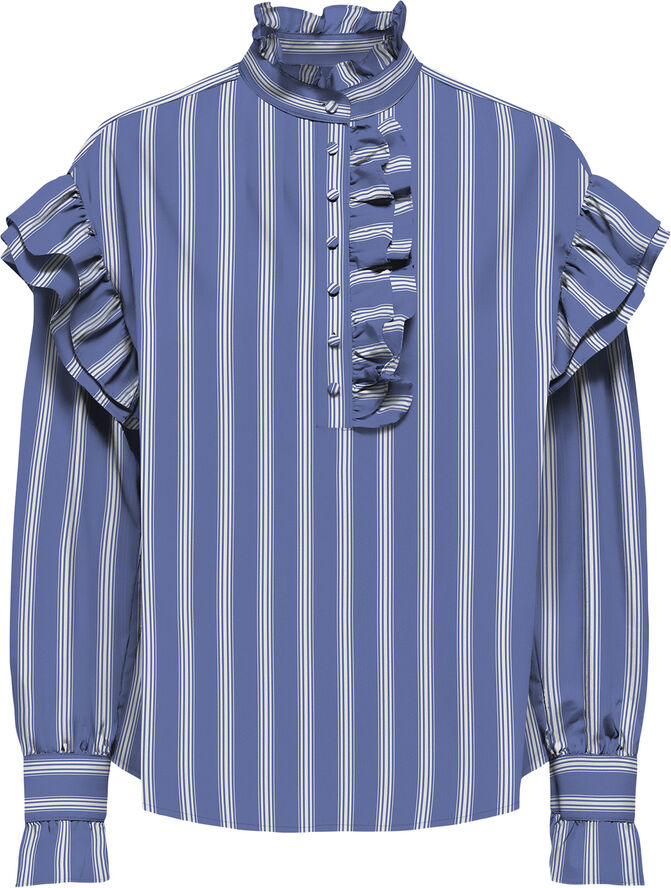 ONLY ONLMALOU LS FRILL STRIPE TOP WVN CS Wedgewood/white