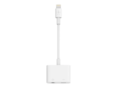 Belkin 3.5 mm Audio   Charge RockStar - Lightning til hovedtelefon-jackstik/opladningsadapter - Lightning (han) til 4-pæl ministik, Lightning (hun) - hvid - for Apple iPad/iPhone (Lightning)