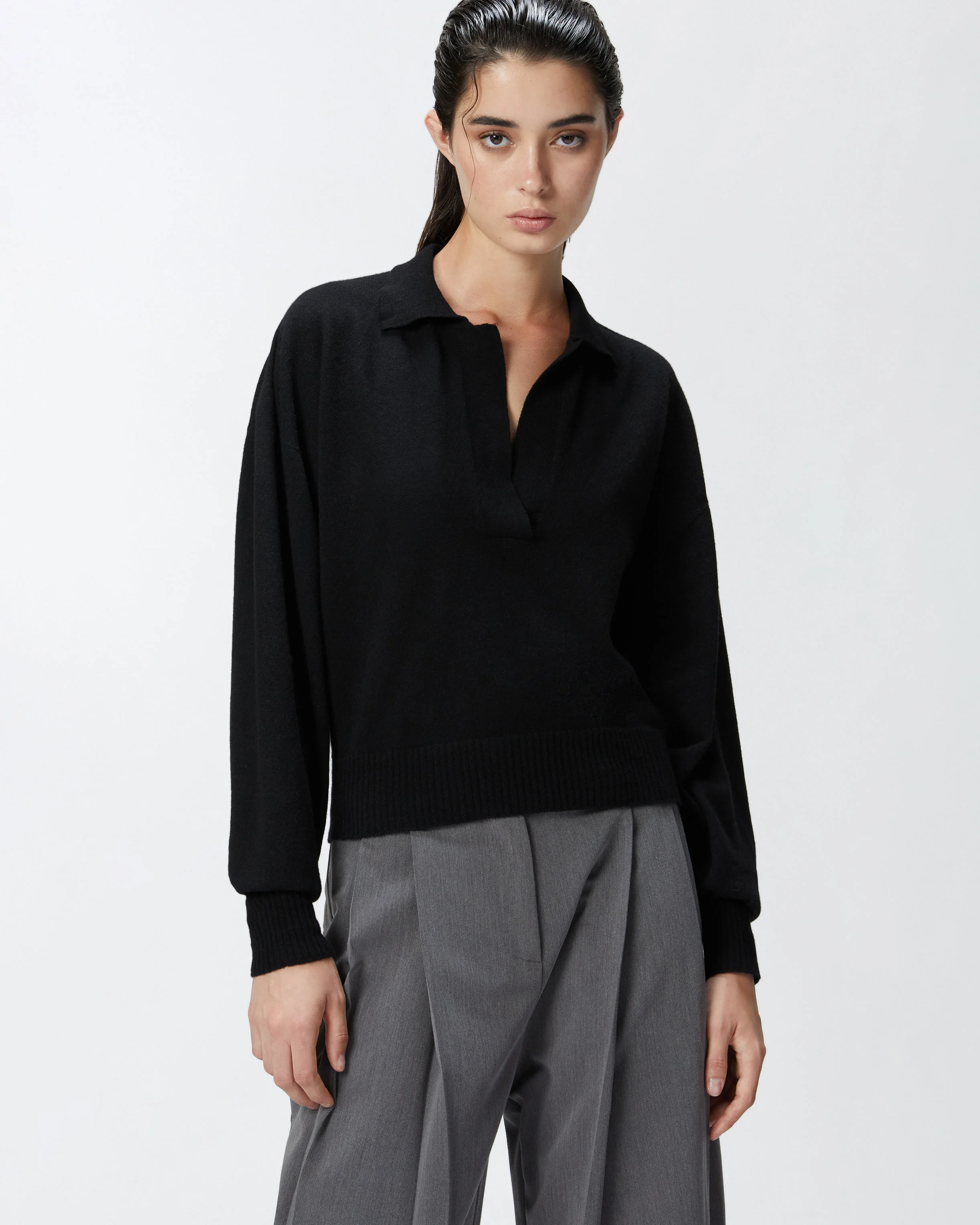 Pull court à col chemise | Noir