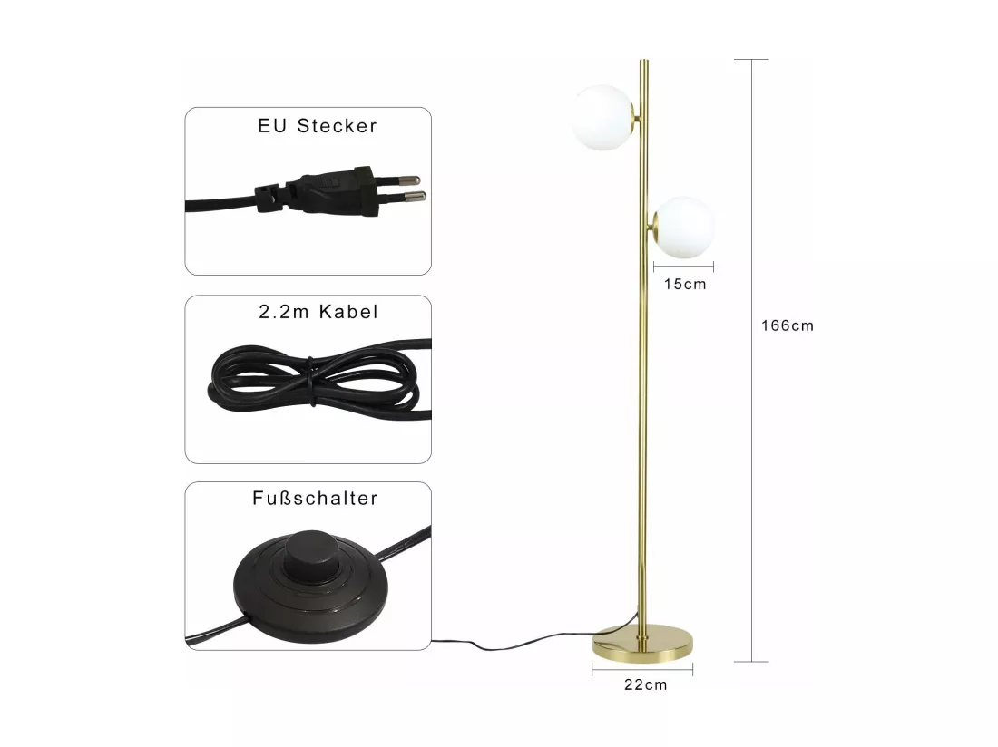 NETTLIFE Lampadaire Salon Moderne - Gold Design Lampadaire E27 Douille Lampe de sol avec interrupteur à pied -166cm
