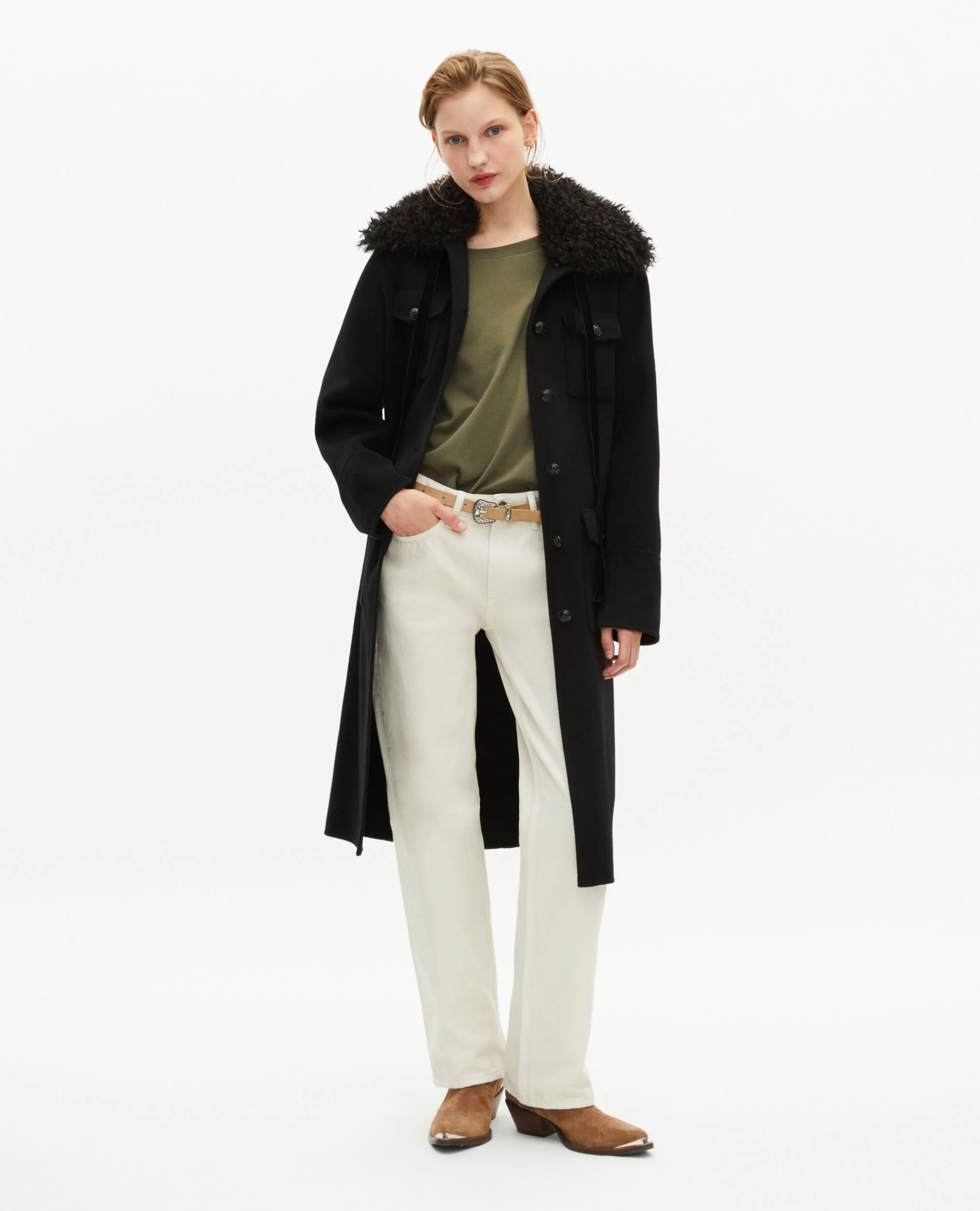 Manteau long en laine double face col sherpa noir