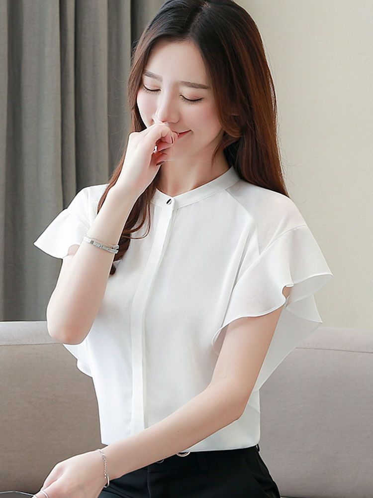Dragan Pulse - Flutter Sleeve Band Collar Plain Chiffon Shirt