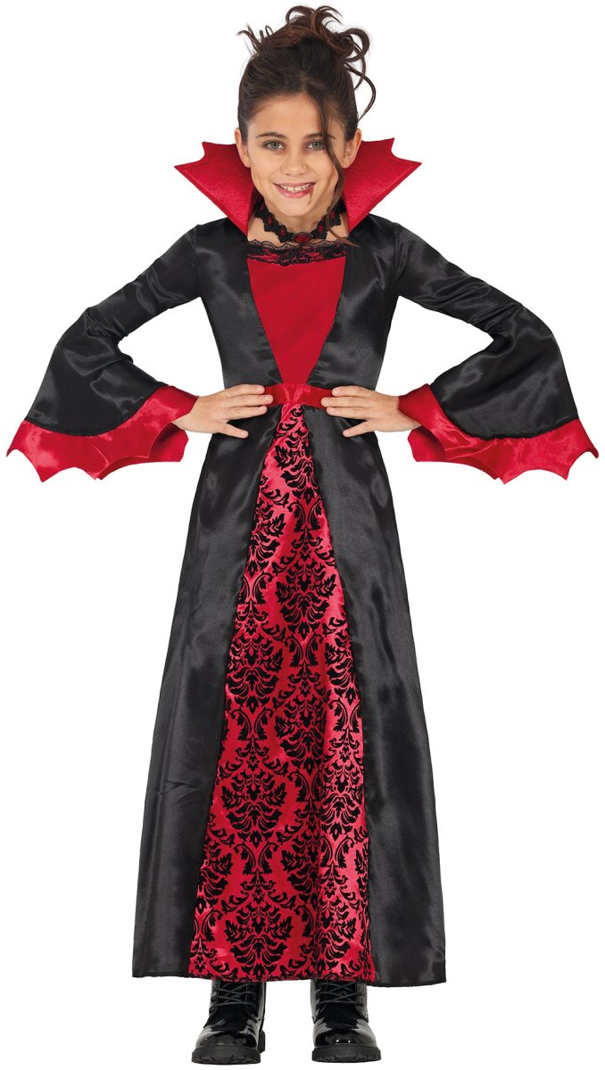 Halloween Kostuum Zwart Rood Meisje Vampier Lang