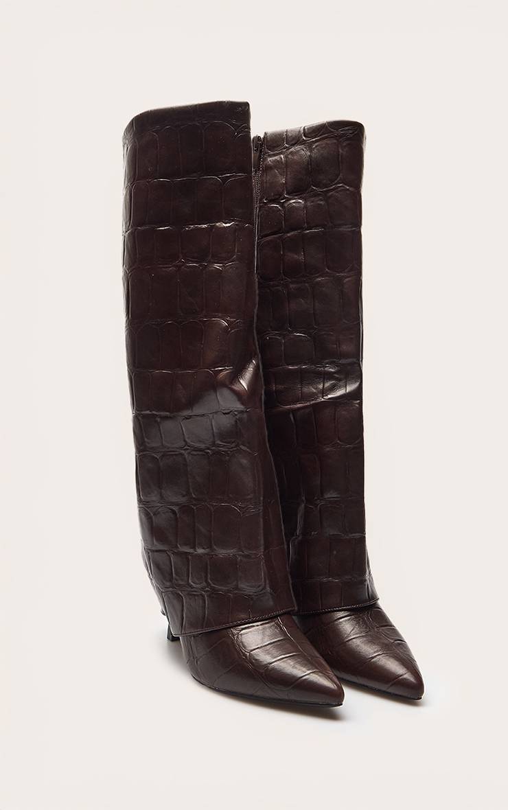 Chocolat Bottes Hautes À Talon En Synthétiquecuir Effet Croco Avec Revers Au Genou