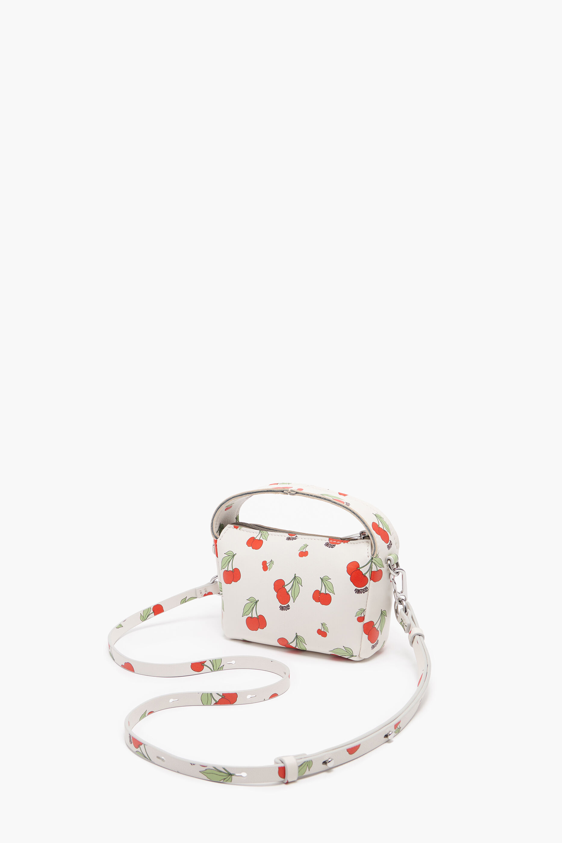 Bolsa hobo tamanho XS, em couro branco com estampa de cerejas.