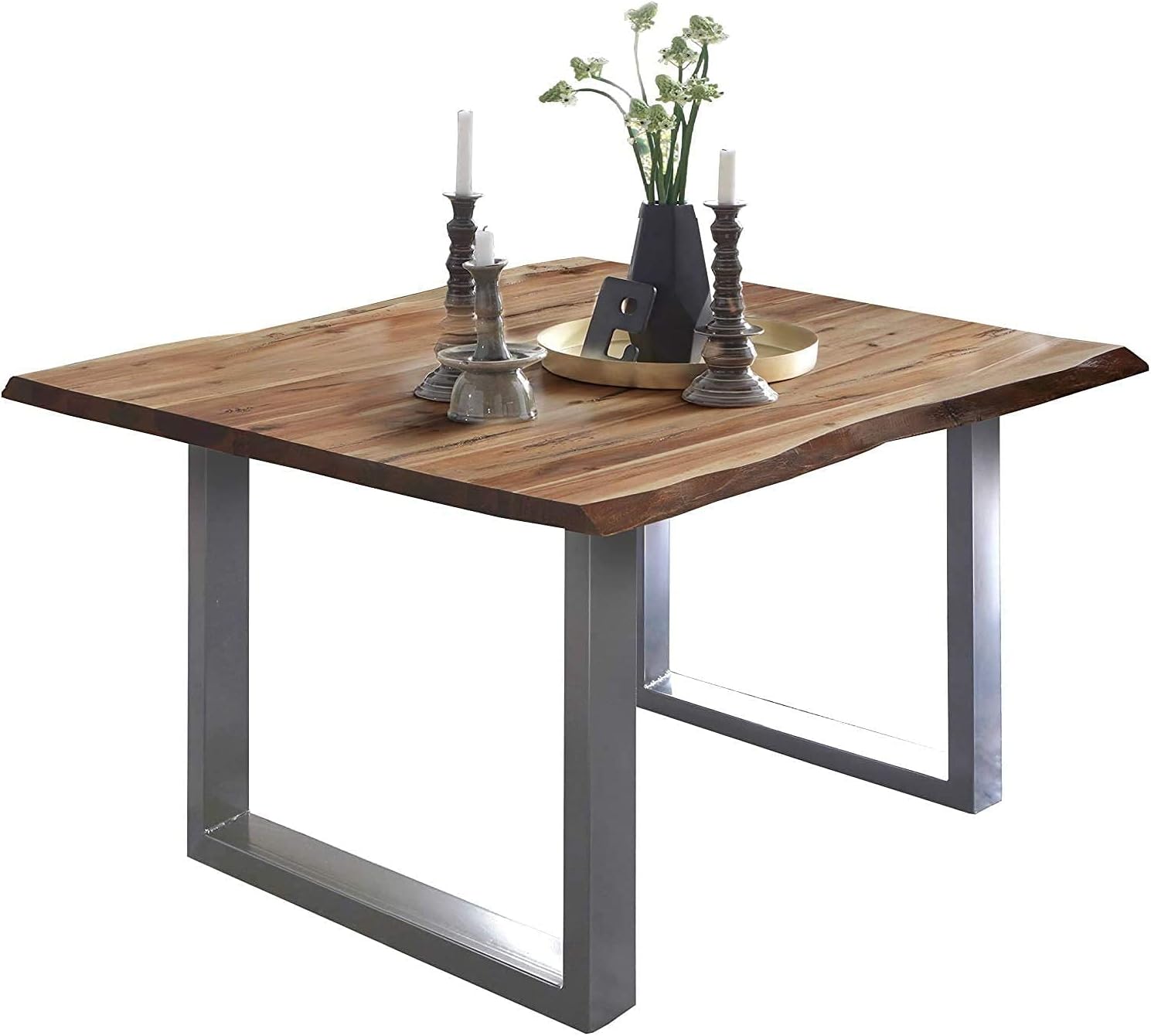 SAM Baumkantentisch 80x80 cm Mephisto, Akazienholz massiv + naturfarben lackiert, Esstisch mit Silber lackiertem U-Gestell, Esszimmertisch/Holztisch, Tischplatte 26 mm