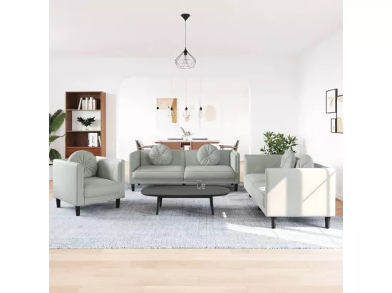 Ensemble de canapés 3 pièces avec coussins gris clair velours