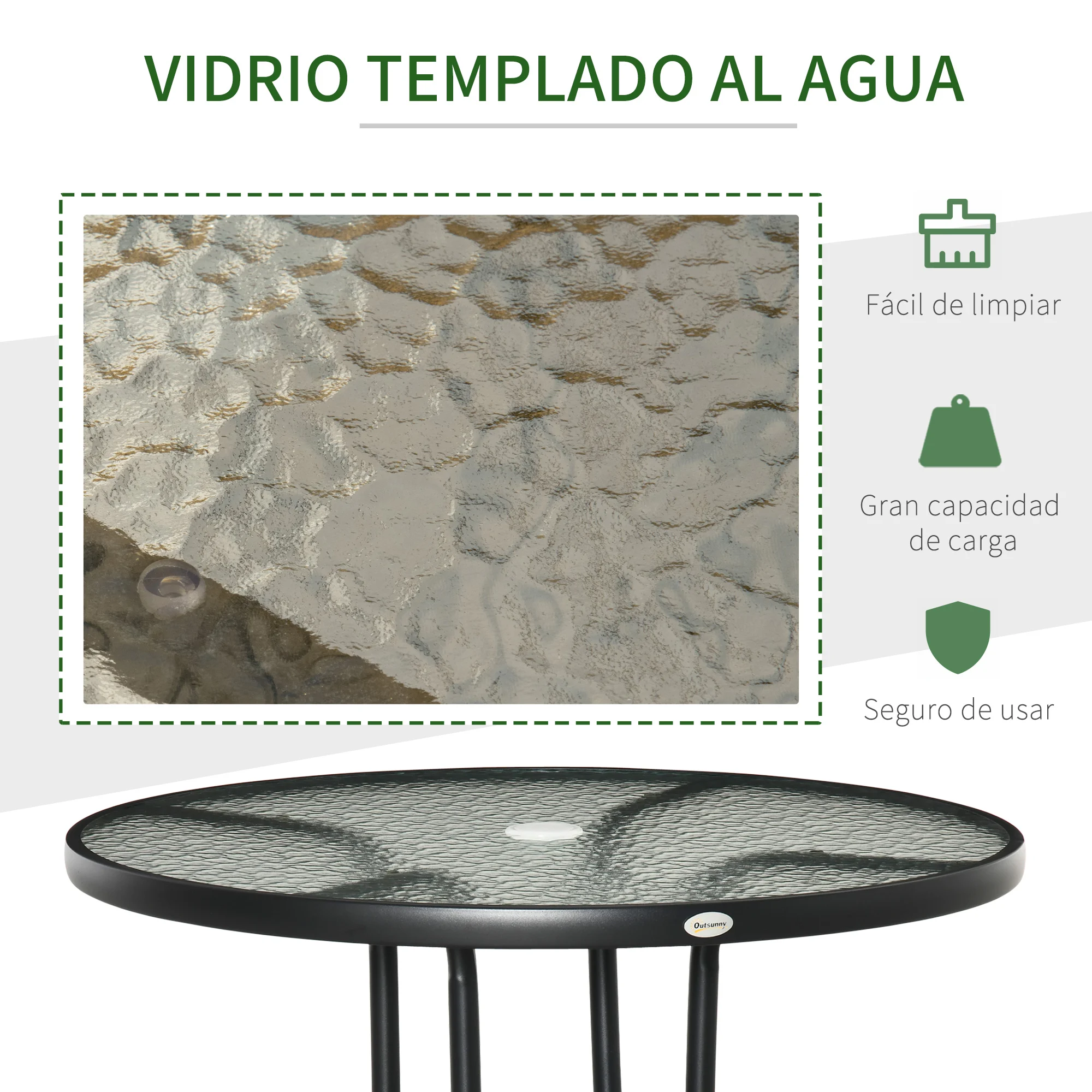 Mesa de jardim redonda Outsunny, mesa para exterior Ø80x72 cm com orifício para guarda-sol e tampo de vidro temperado para pátio e terraço, preta.