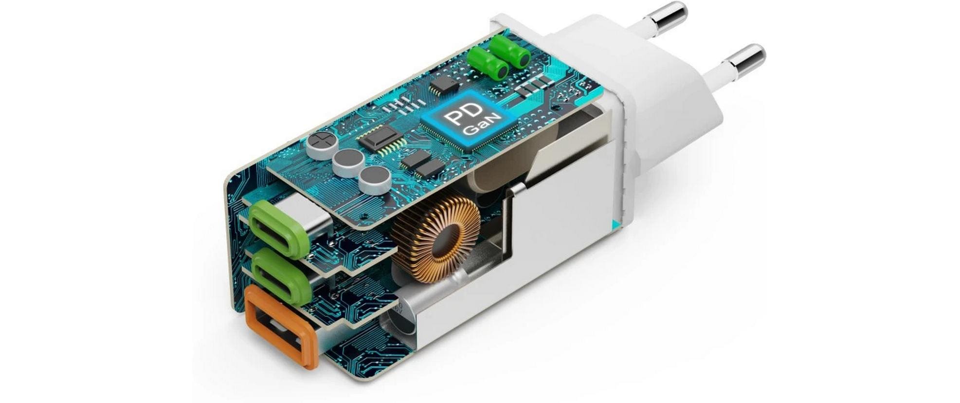 USB-Wandladegerät Gan charger 2x USB-A USB-C 65 W WeissSchnellladegerät mit 1x USB-C und 2x USB-A