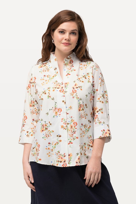Bluse, Blüten, Kelchkragen, 3/4-Arm