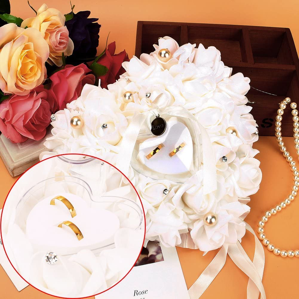 (18x18cm) Rosen Herz Ringschatulle Schmuck Organizer Box für Hochzeits Ringe - Weiss