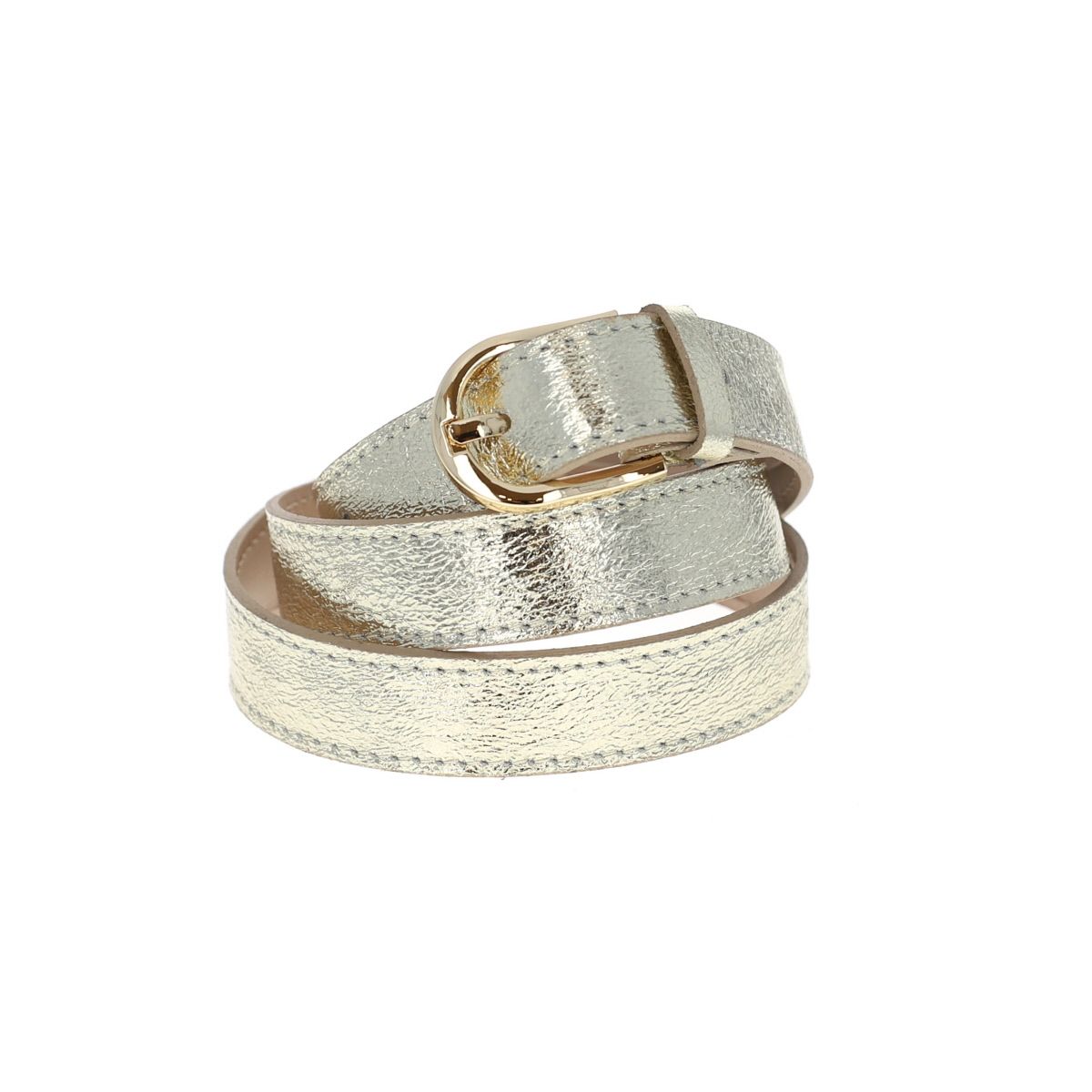 Ceinture à boucle ronde en cuir irisé platine - Taille M Maison Suzanne
