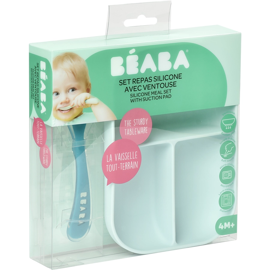BEABA® Geteilter Silikonteller + Löffel 2. Altersstufe blau