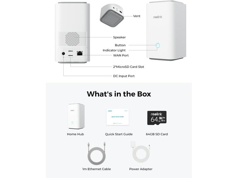 Reolink Zubehör Hub 1 für Multi-Geräte Verwaltung & 64GB, W Kabelloses Sicherheitssystem mit verschlüsseltem lokalem Speicher & Multi-Geräte Verwaltung inkl. 64GB Micro SD Karte