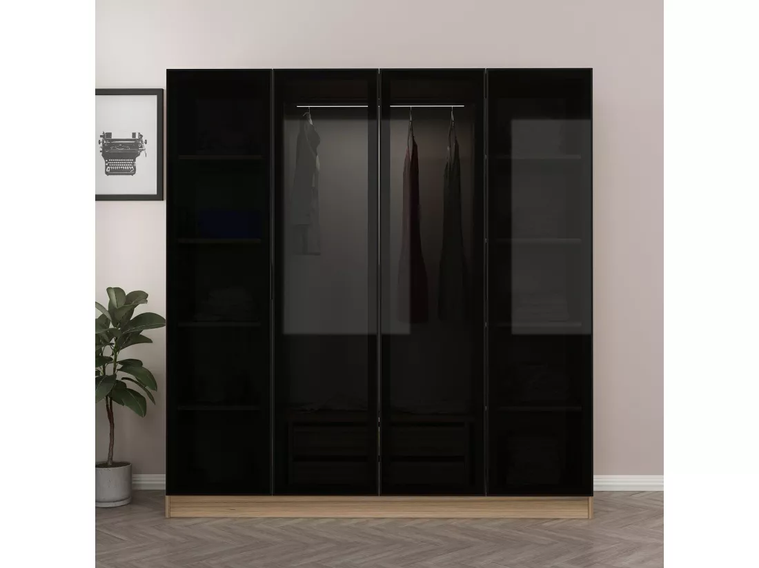 Armoire avec 4 portes en verre fumé, noyer doré-noir 180 x 210 cm