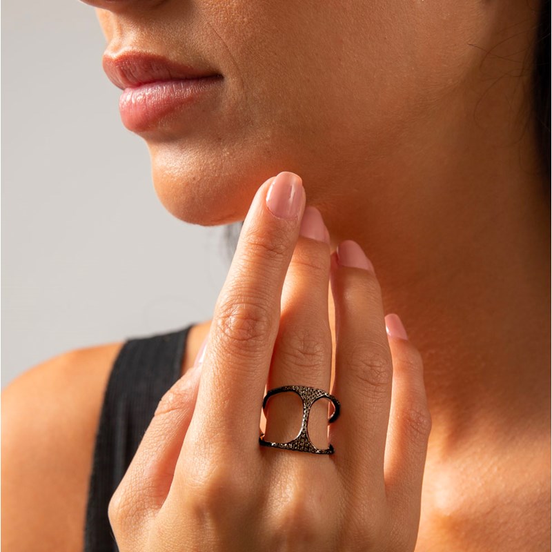 Bague Argent Ronde Double Anneaux Noir