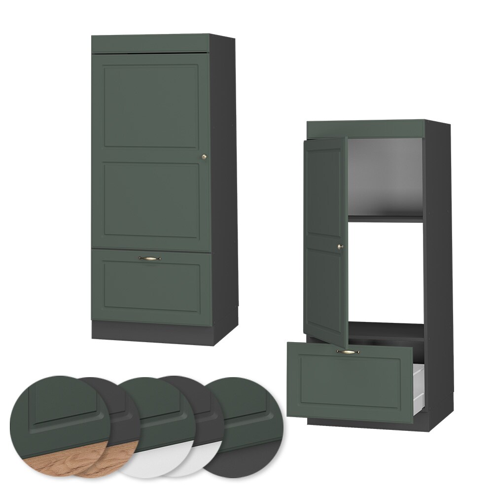 Vicco Mikrowellenumbauschrank Küchenschrank Küchenmöbel Fame-Line Landhaus Anthrazit Grün 60 cm Gold Küche Einbauküche Blende Hochschrank Schublade Mikrowelle Backofen Küchenzeile