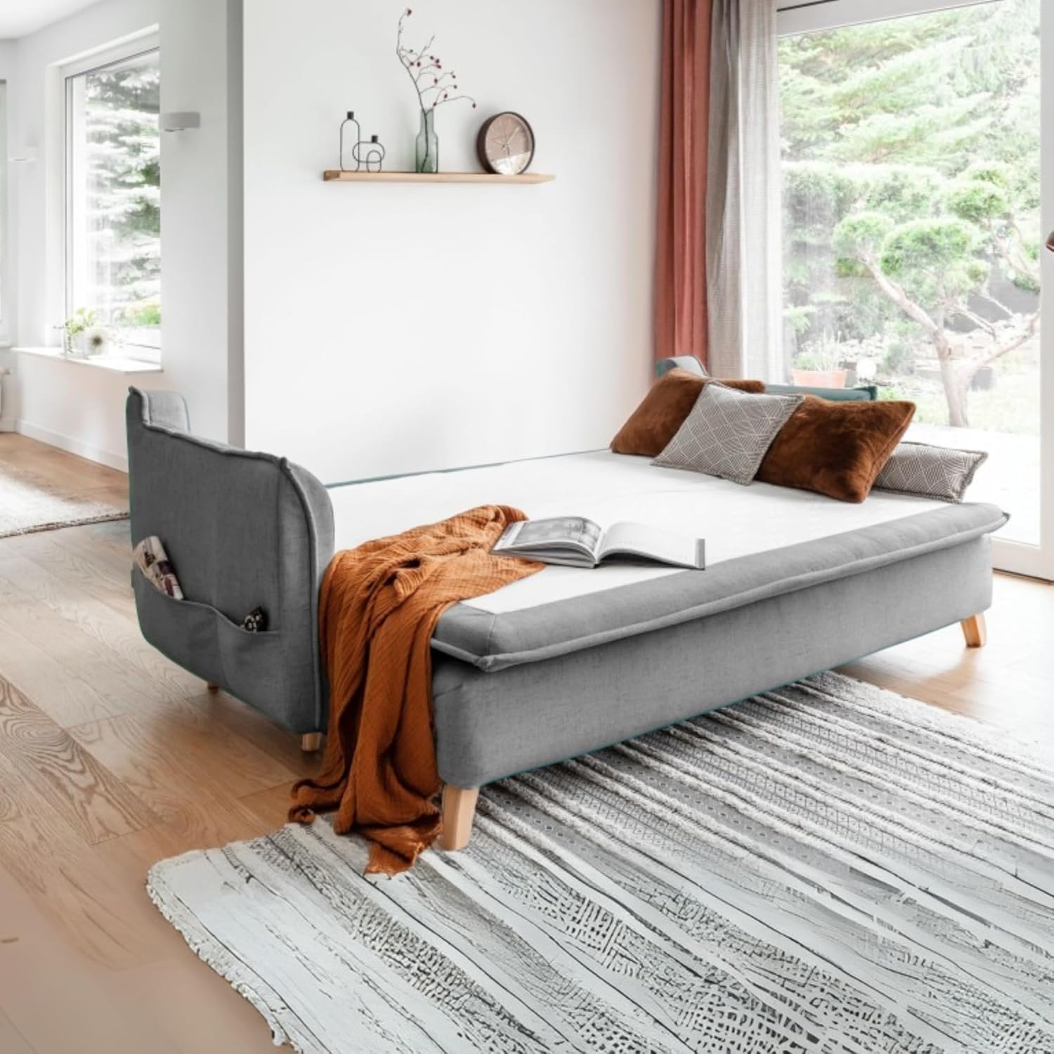 MIUFORM Charming Charlie Slim mit Bettkasten und mit Bettfunktion | 3 Sitzer Sofa | 225 x 90 x 85cm | Klappsofa mit Schlaffunktion | Schlafsofa klappbar (Grau)